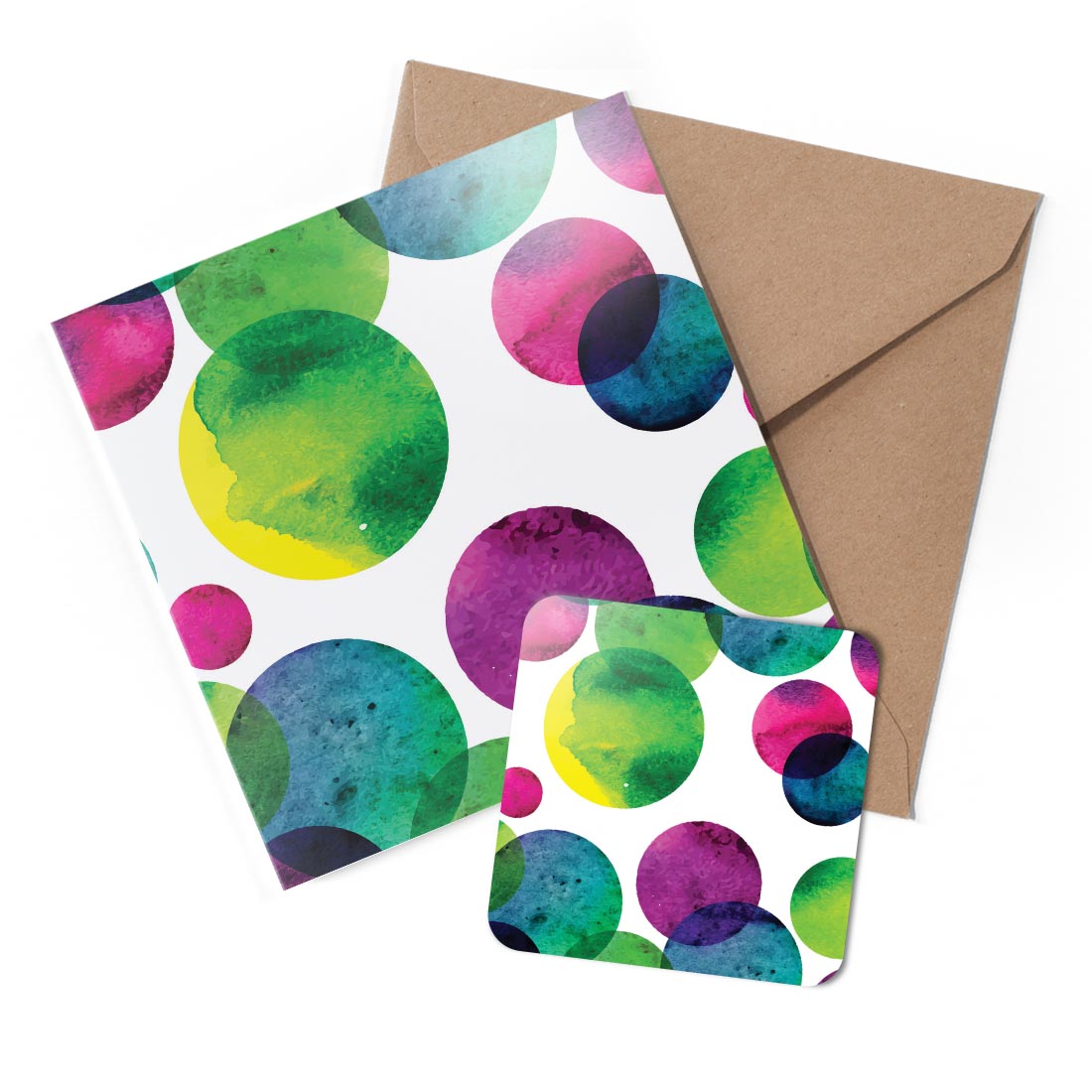 1 x Greeting Card & Coaster Set - Watercolour Dots Colourful Bright #170370