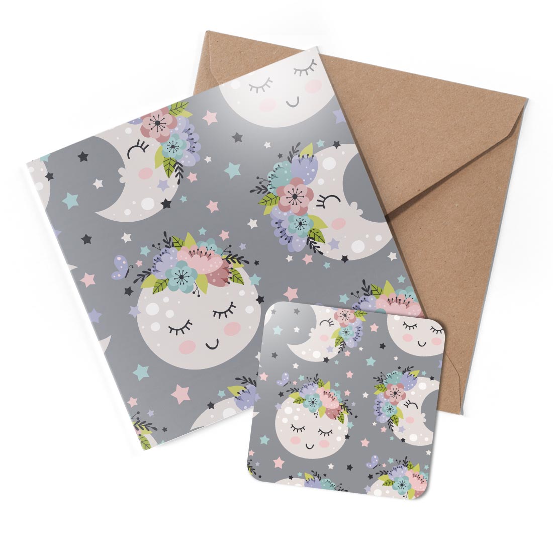 1 x Greeting Card & Coaster Set - Flowery Moon Pattern Girls Mum Sister #170555