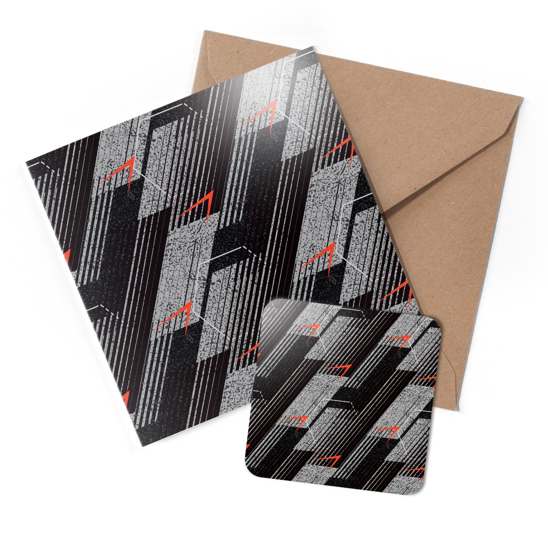 1 x Greeting Card & Coaster Set - Abstract Black & Red Tech Pattern #50019