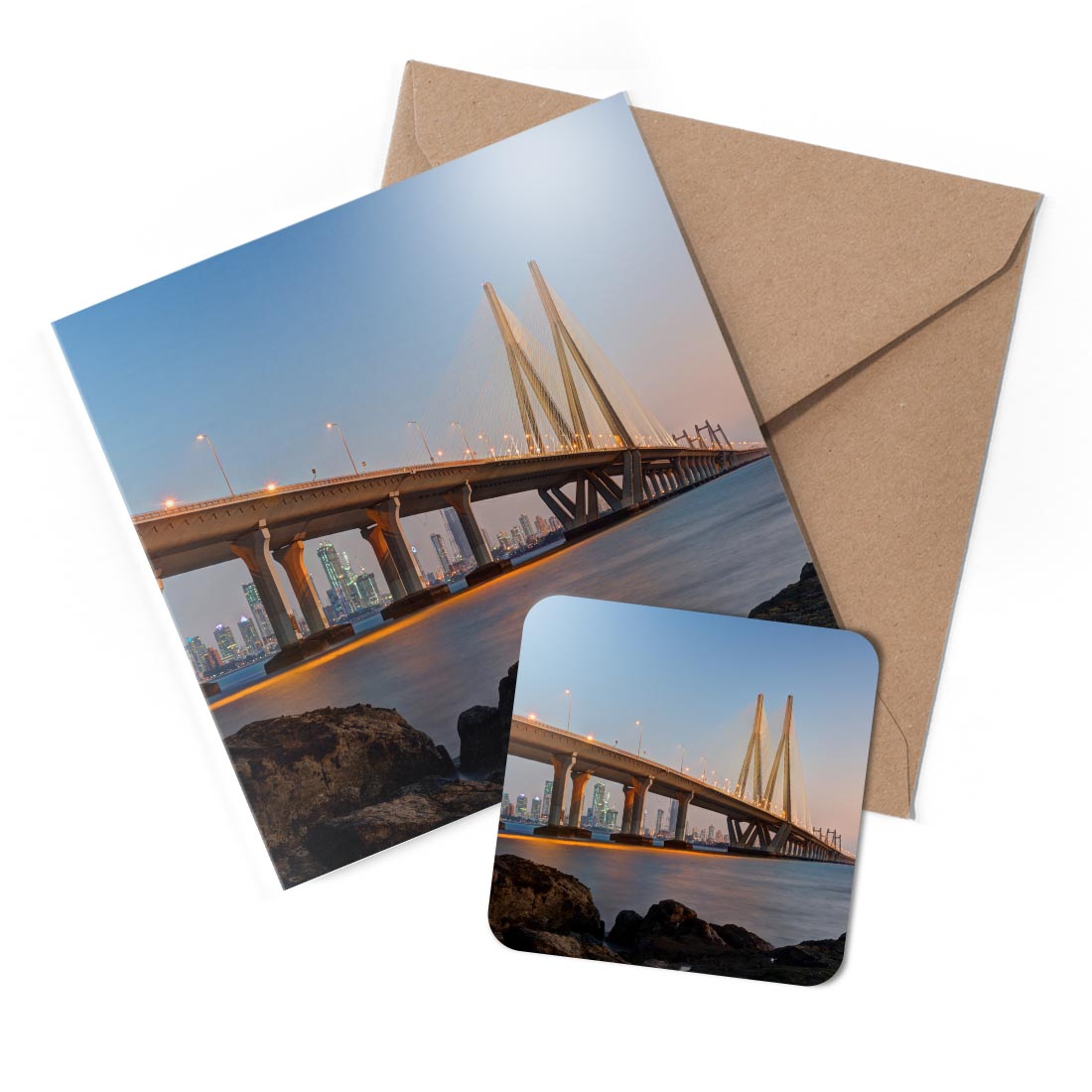 1 x Greeting Card & Coaster Set - Bandra-Worli Sea Link Mumbai #50185