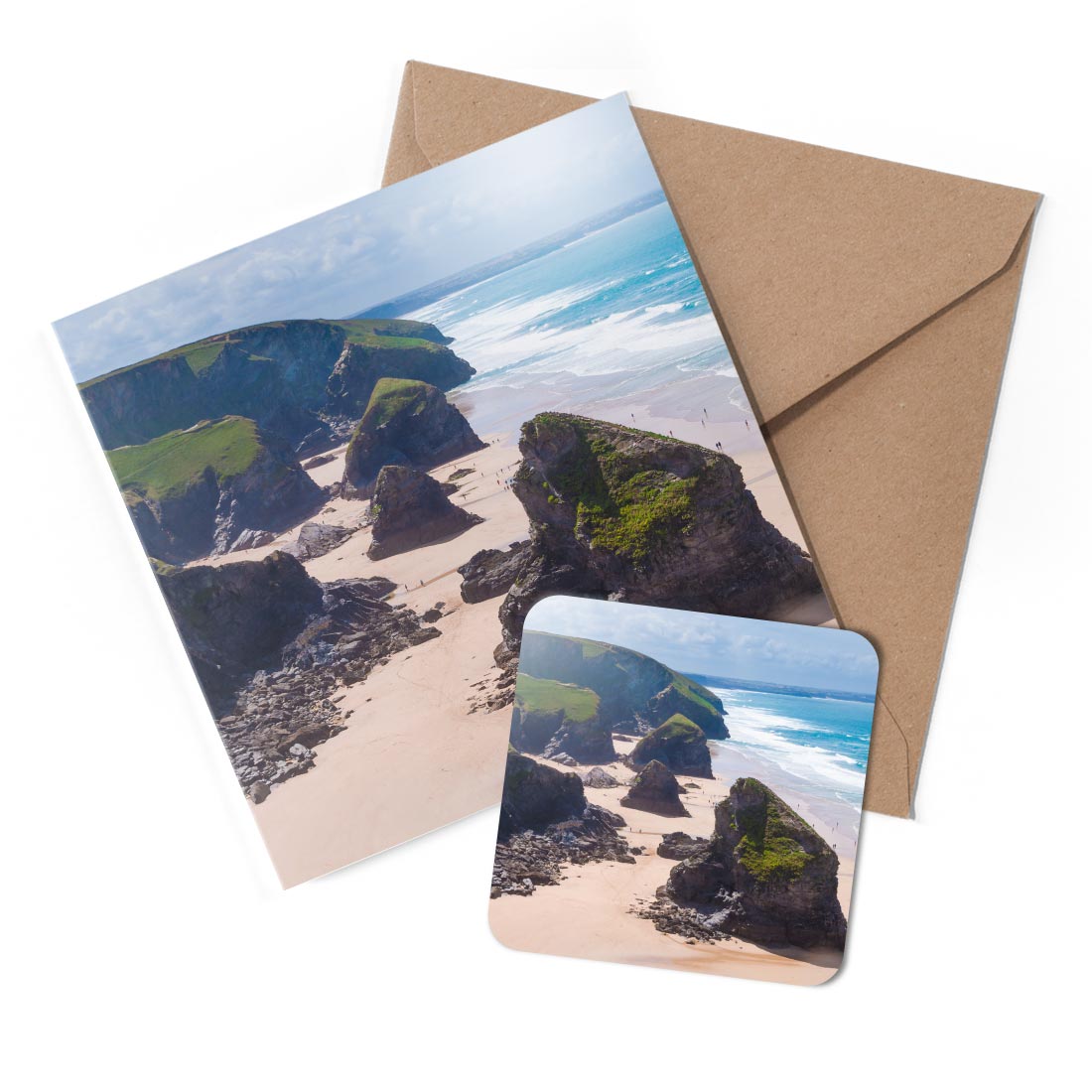 1 x Greeting Card & Coaster Set - Bedruthan Steps Cornwall Beach Newquay #50227