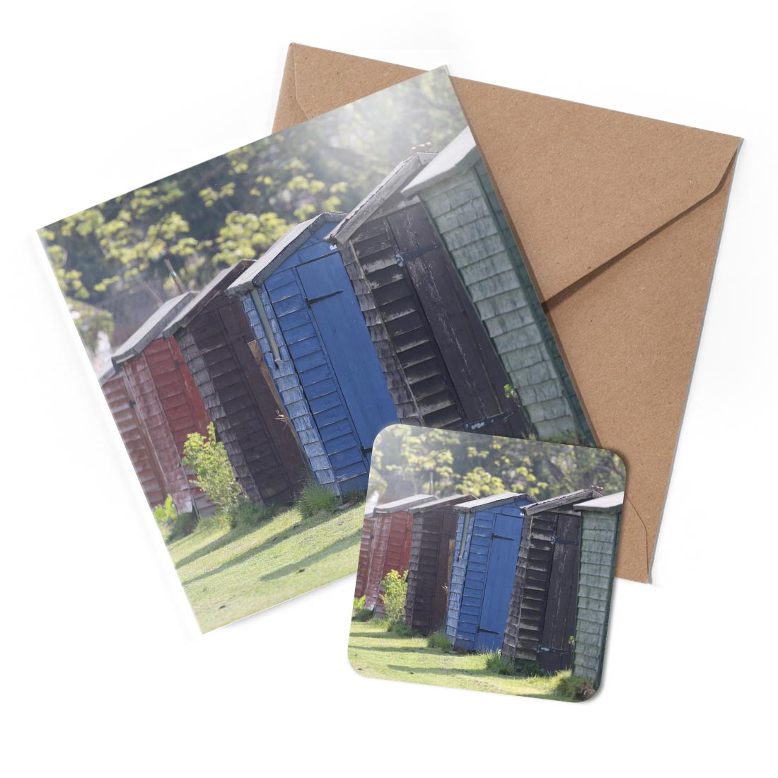 1 x Greeting Card & Coaster Set - Colourful Allotment Sheds Garden #50573