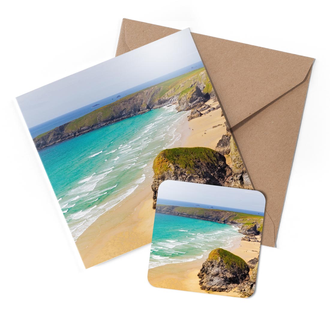 1 x Greeting Card & Coaster Set - Cornish Beach Newquay Cornwall UK #50610