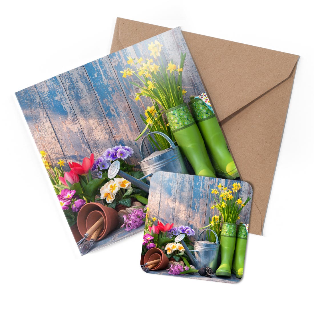 1 x Greeting Card & Coaster Set - Gardening Tools Flowers Garden Art #50998