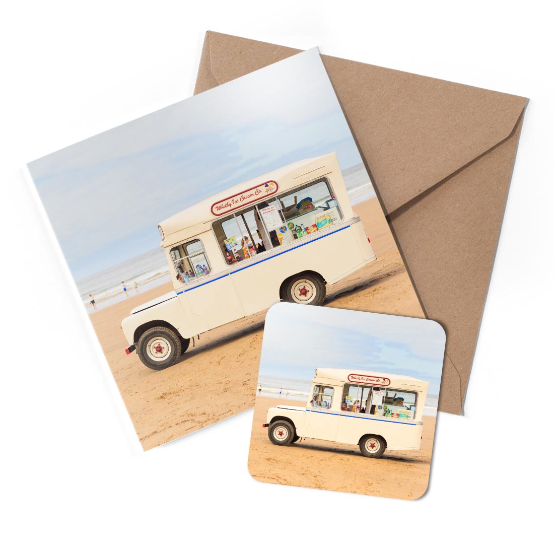 1 x Greeting Card & Coaster Set - Ice Cream Van Beach Whitby England #51216