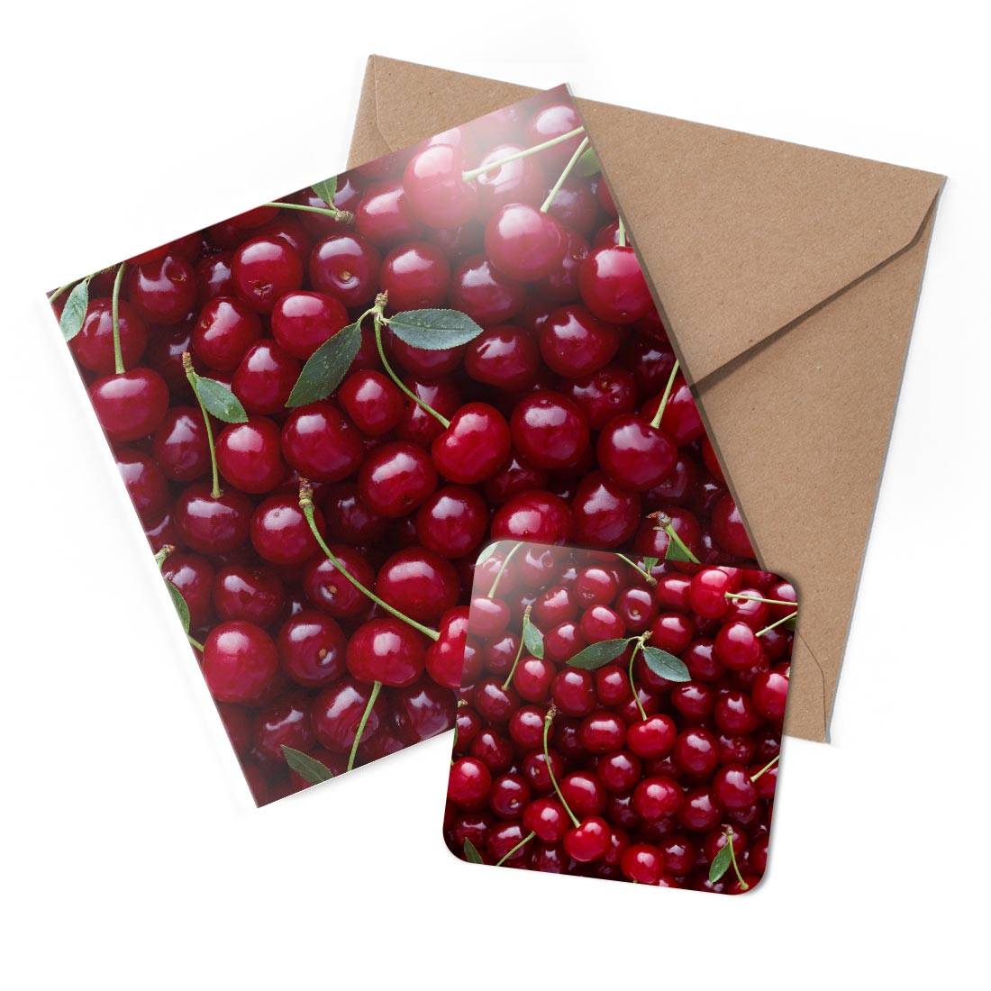 1 x Greeting Card & Coaster Set - Juicy Red Cherries Cherry #51262