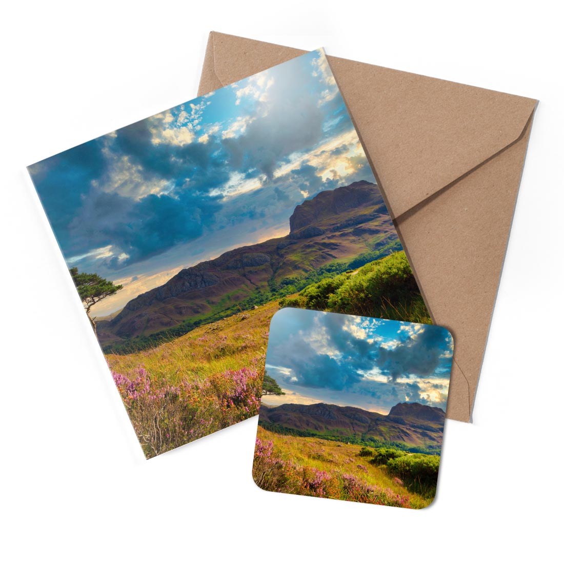 1 x Greeting Card & Coaster Set - Loch Marre Slioch Mountain Scotland #51355