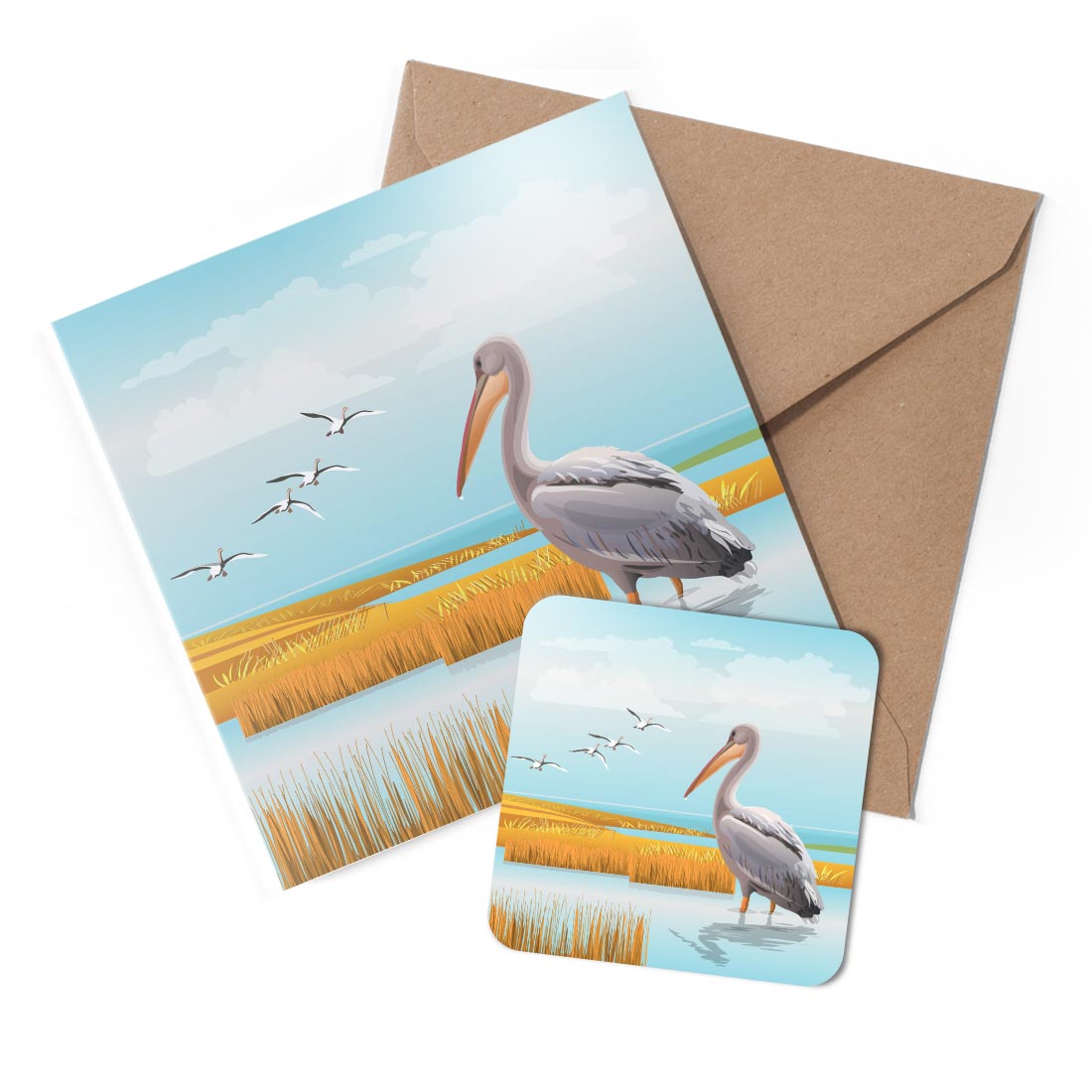 1 x Greeting Card & Coaster Set - Pelican Bird Water Wetlands #51654