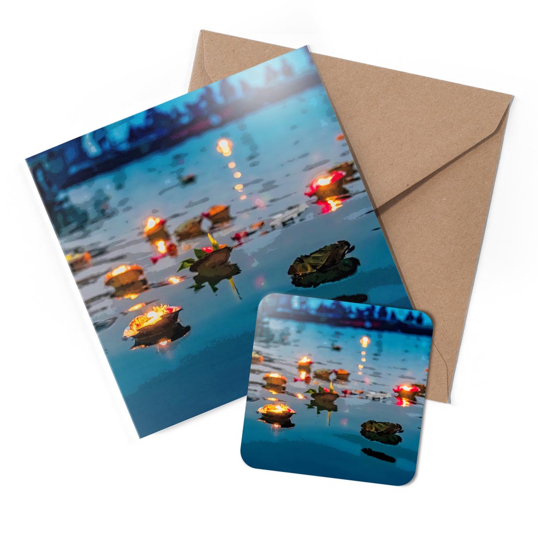 1 x Greeting Card & Coaster Set - River Ganges India #51919