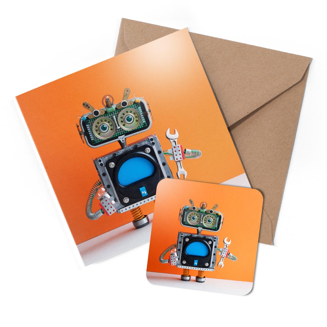 1 x Greeting Card & Coaster Set - Robot Handyman Maintenance Mechanic #51926