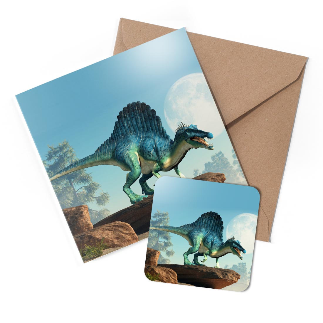1 x Greeting Card & Coaster Set - Spinosaurus Dinosaur Moon Landscape #52109