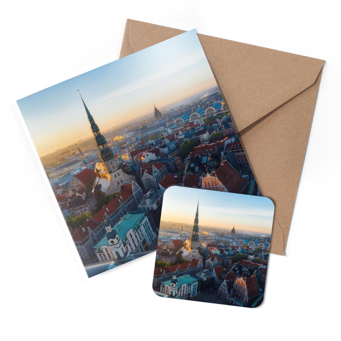 1 x Greeting Card & Coaster Set - Sunrise Central Riga Latvia #52175