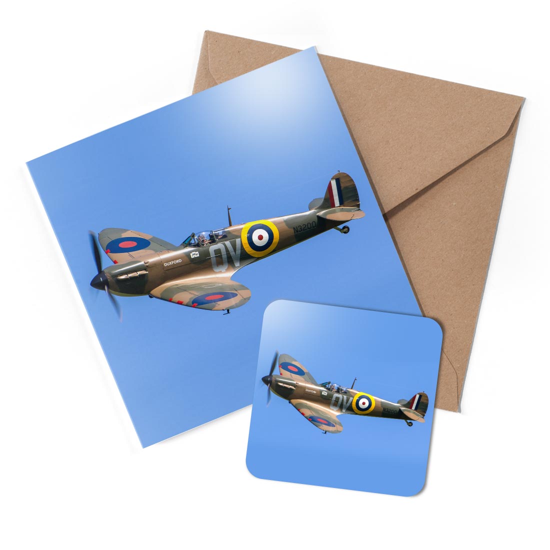 1 x Greeting Card & Coaster Set - Supermarine Spitfire Fighter Aircraft #52199