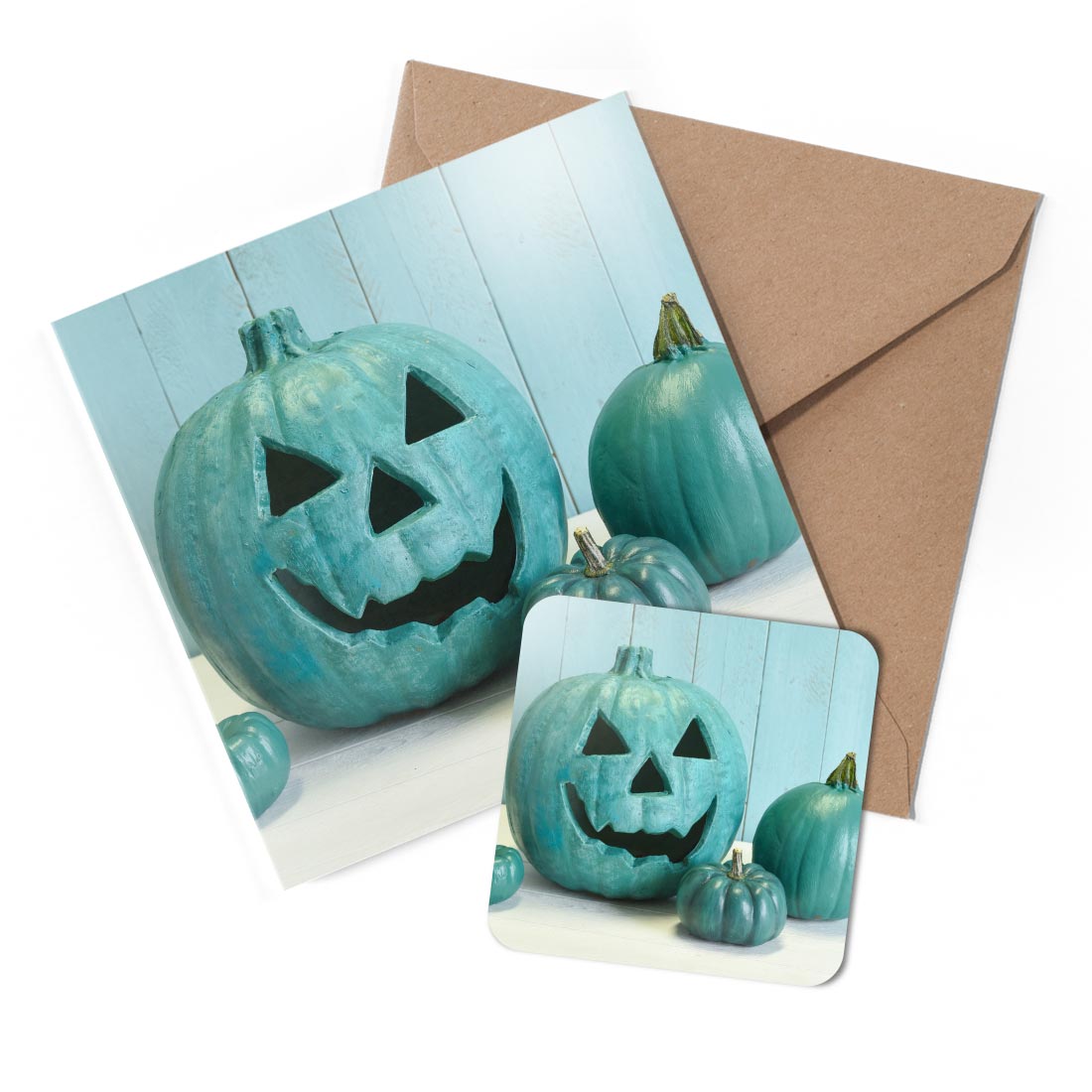 1 x Greeting Card & Coaster Set - Teal Pumpkin Heads Halloween #52241