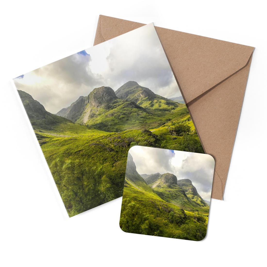 1 x Greeting Card & Coaster Set - Three Sisters Mountains Scotland #52274