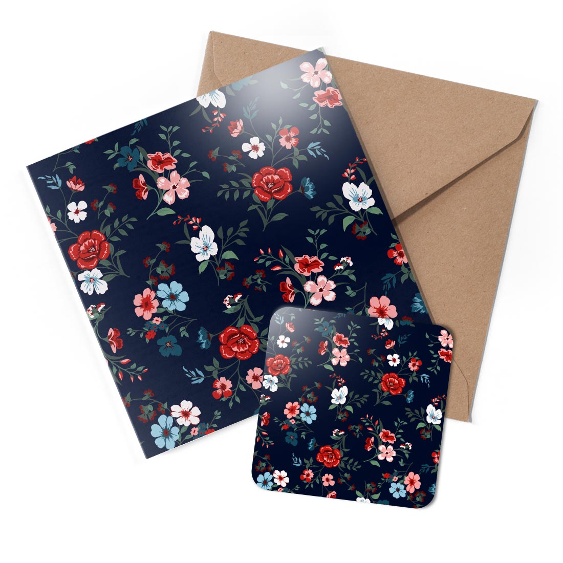1 x Greeting Card & Coaster Set - Vintage Floral Pattern Flowers #52365