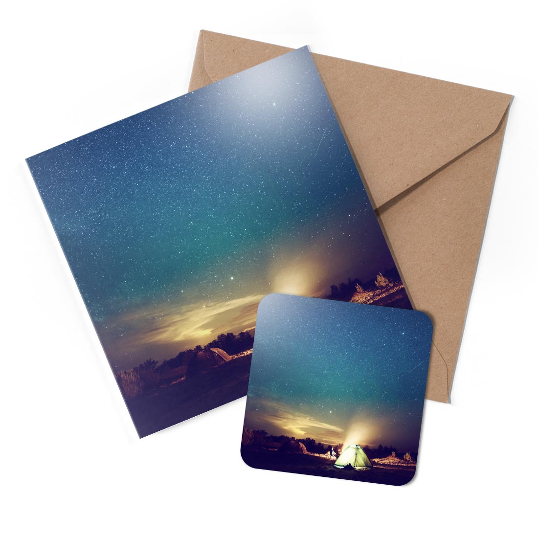 1 x Greeting Card & Coaster Set - Wild Camping Night Sky Stars Tent #52467