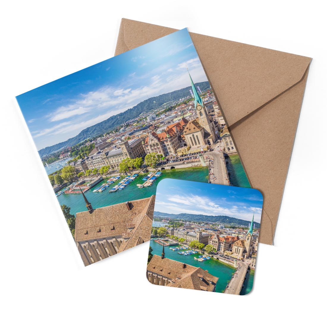 1 x Greeting Card & Coaster Set - Zurich City Centre Switzerland #52564