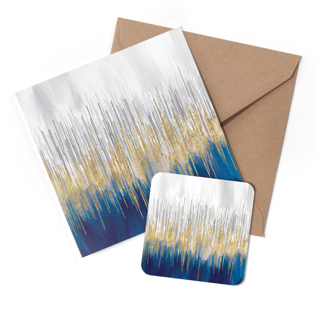 1 x Greeting Card & Coaster Set - Abstract Blue Gold Art #52571