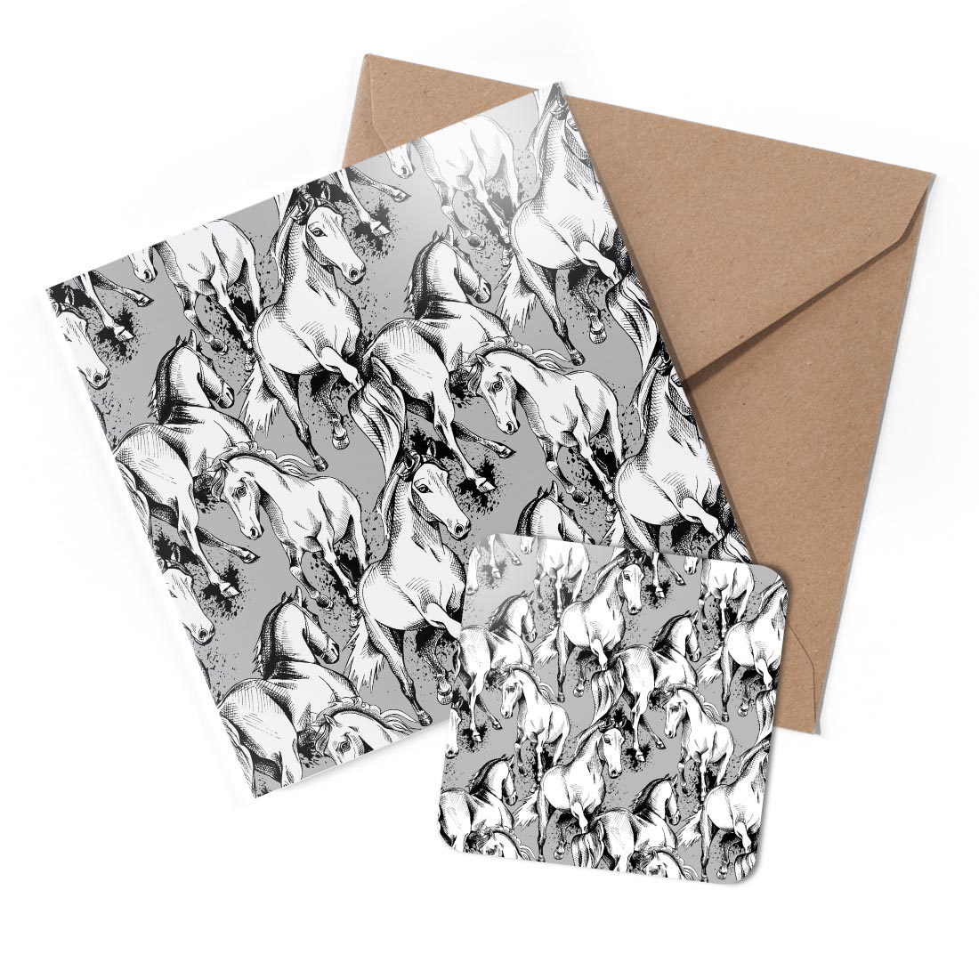 1 x Greeting Card & Coaster Set - Ink Art Elegant Horse Pattern Horses #52992