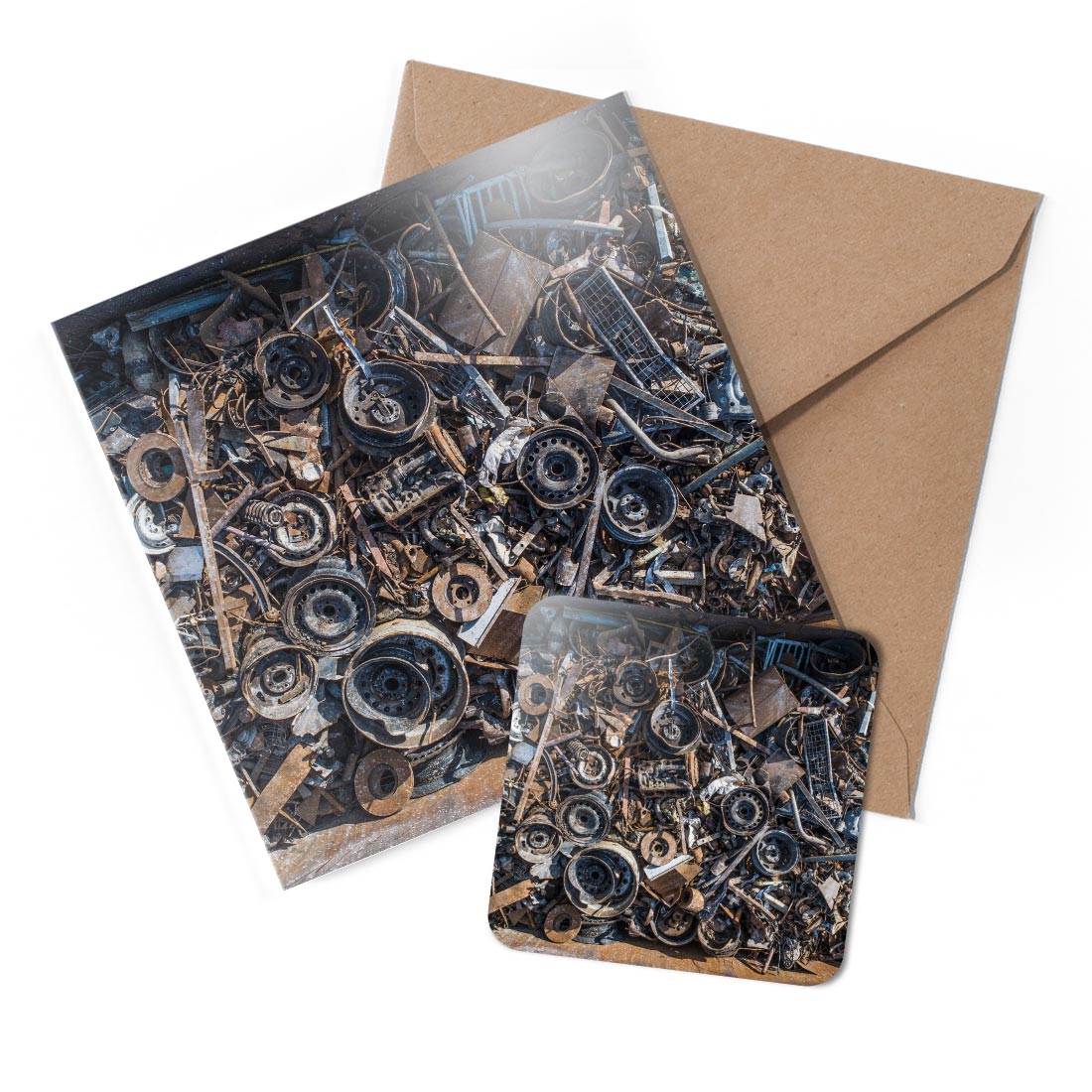 1 x Greeting Card & Coaster Set - Scrap Metal Recycling Modern Art #53406