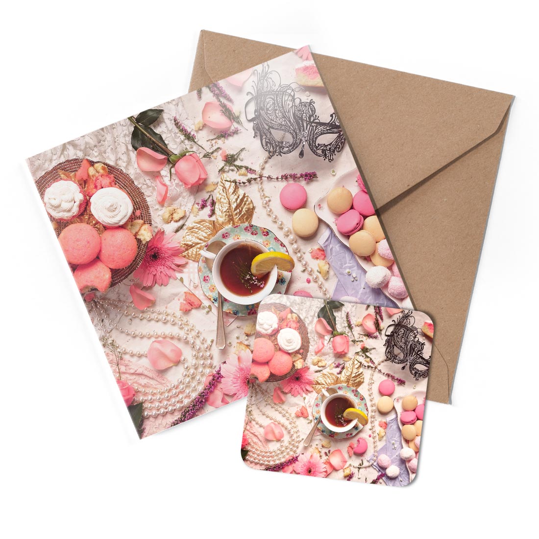 1 x Greeting Card & Coaster Set - Vintage Pink Tea Cakes Sweets #53531