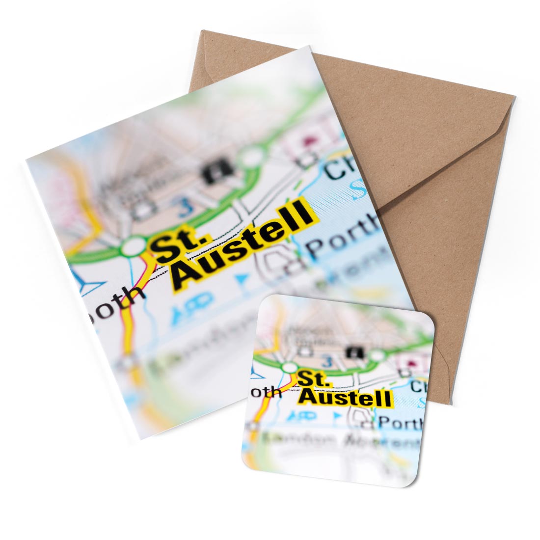 1 x Greeting Card & Coaster Set - St Austell UK Map Real Road #55216