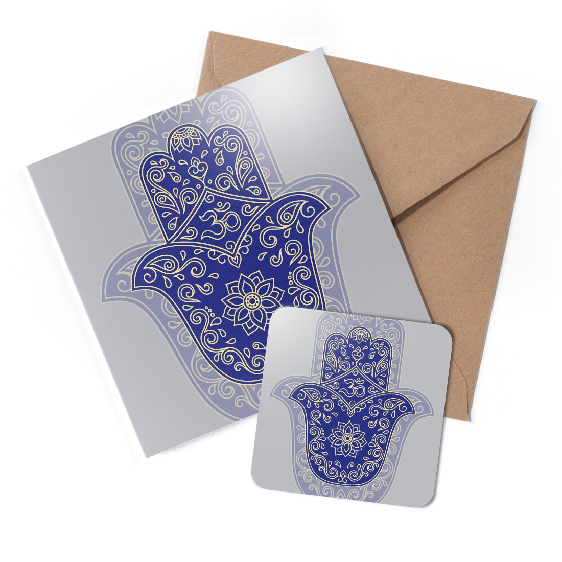 1 x Greeting Card & Coaster Set - Hamsa Hand Om Ohm Indian Pattern #58654