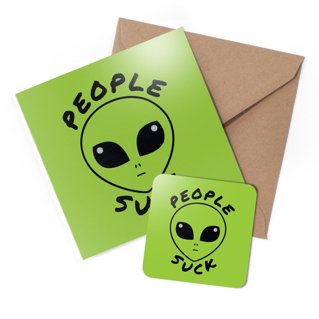 1 x Greeting Card & Coaster Set - Funny Alien People Suck Space UFO #58686