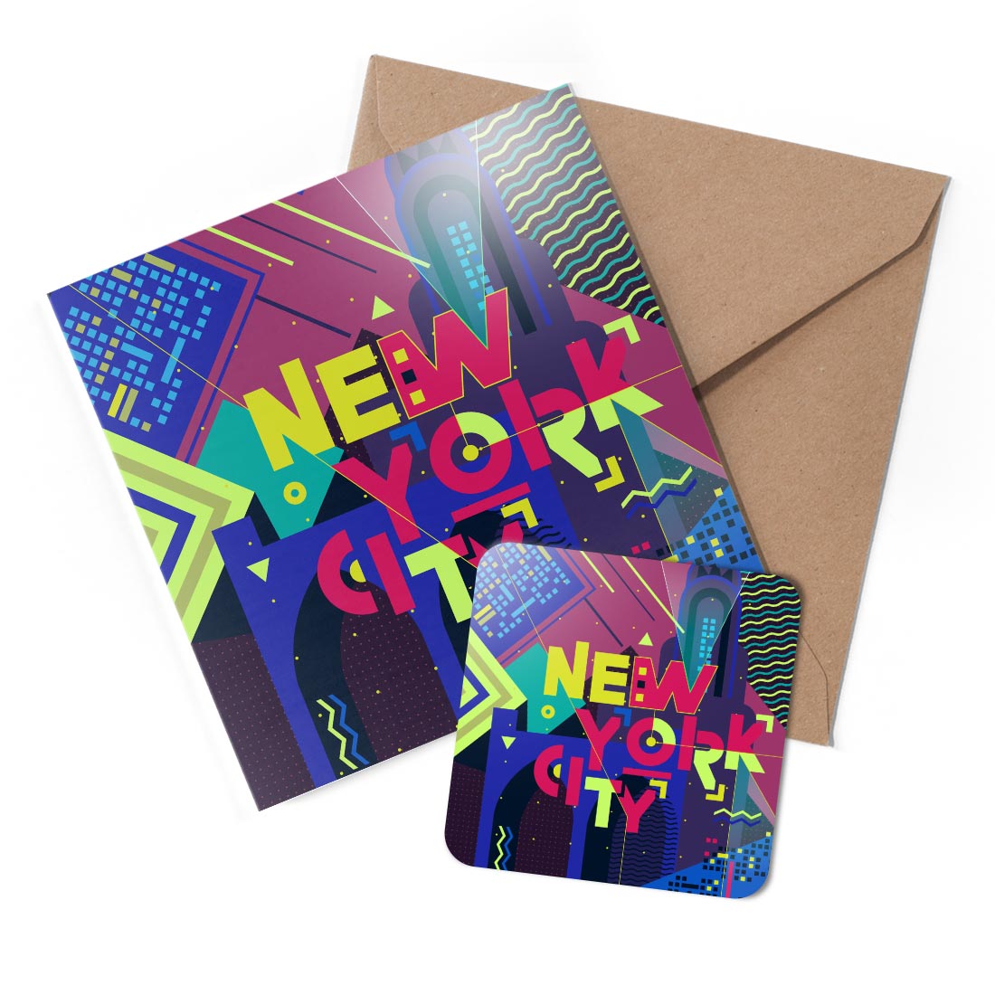 1 x Greeting Card & Coaster Set - New York City USA Travel Abstract NYC #58740