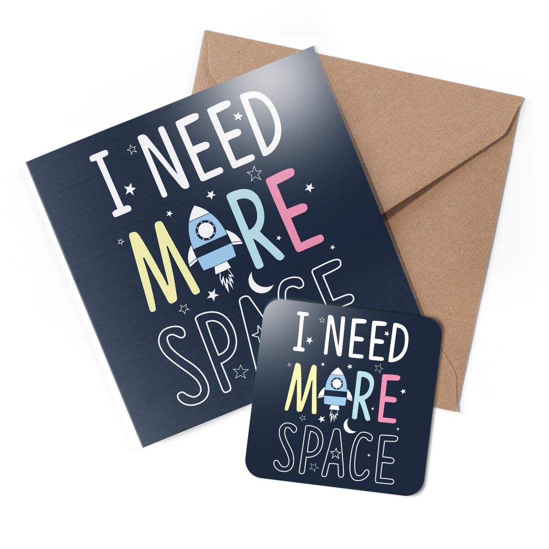 1 x Greeting Card & Coaster Set - I Need More Space Rocket Joke Science #58749