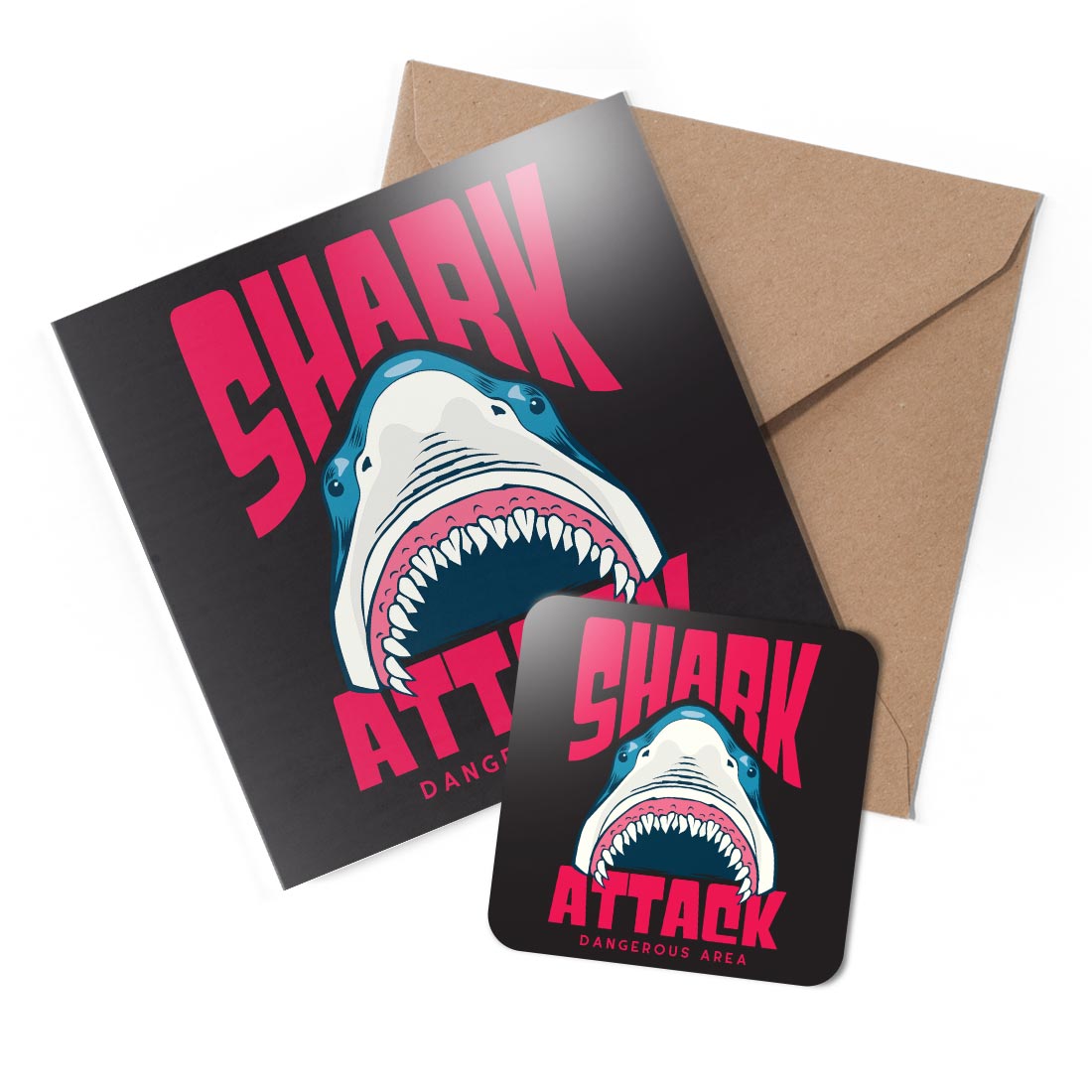 1 x Greeting Card & Coaster Set - Shark Attack Surf Scuba Sea Creatures #58844