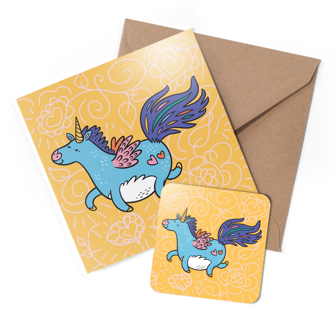 1 x Greeting Card & Coaster Set - Cute Unicorn Horse Girls Blue Cartoon #58871