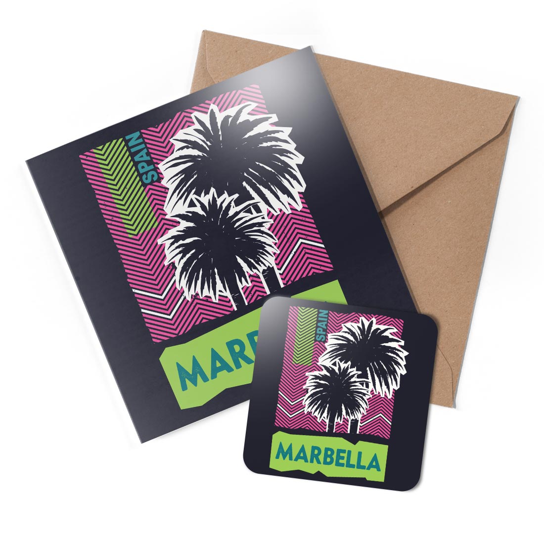 1 x Greeting Card &amp; Coaster Set - Marbella Spain Palm Vacation #59400 AN9677