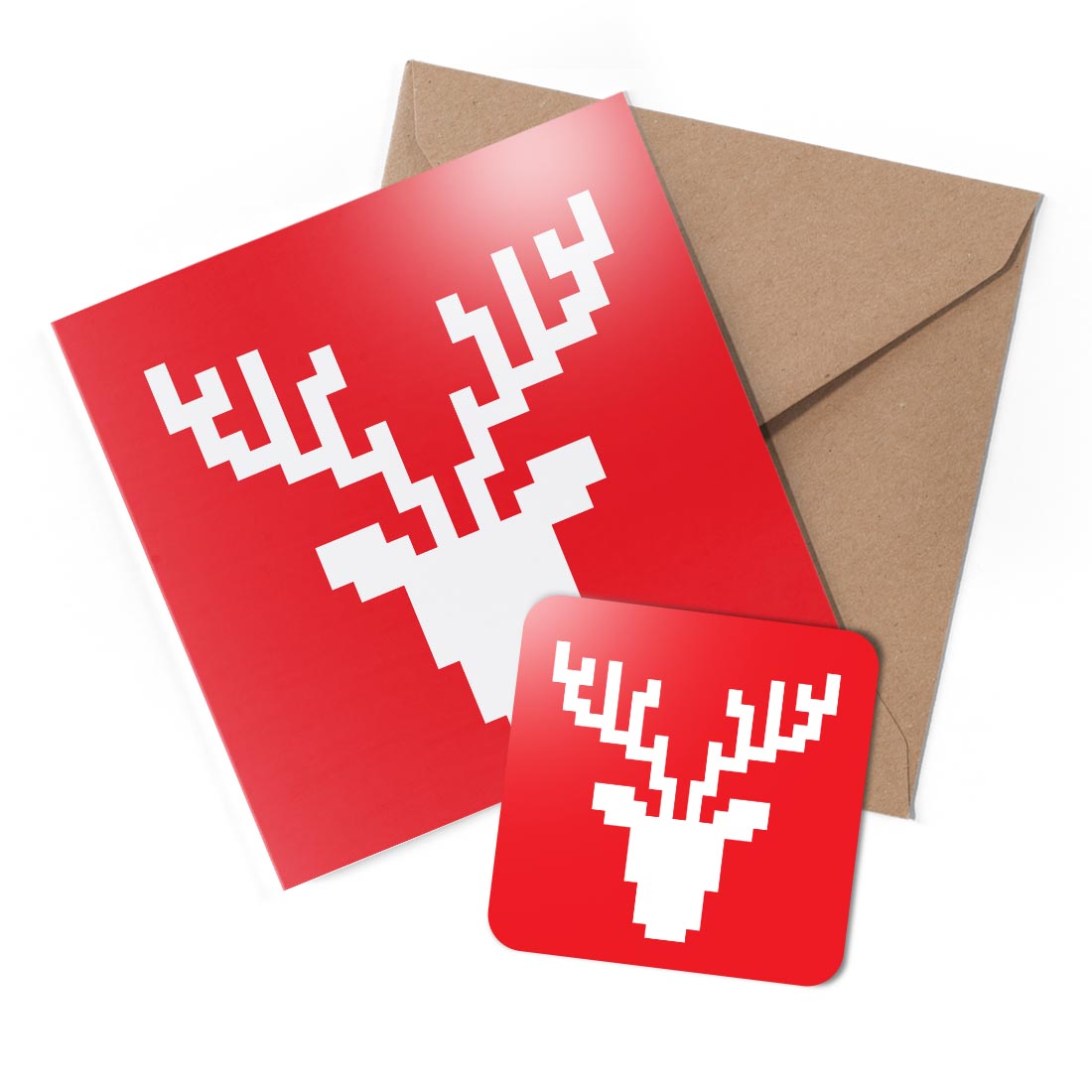 1 x Greeting Card & Coaster Set - Deer Head Horns Pixels #59648