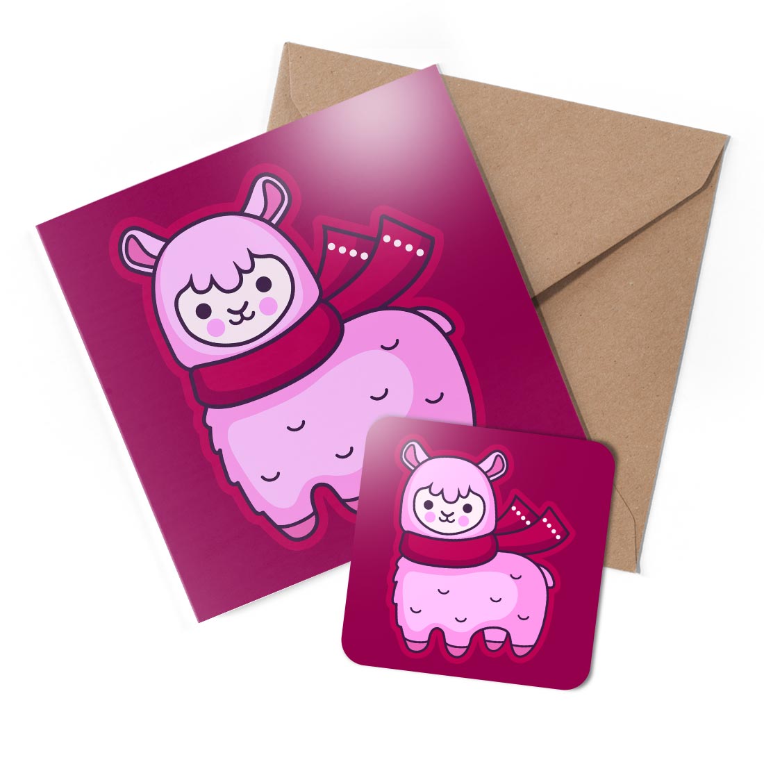 1 x Greeting Card & Coaster Set - Alpaca Scarf Animal Cartoon #59666