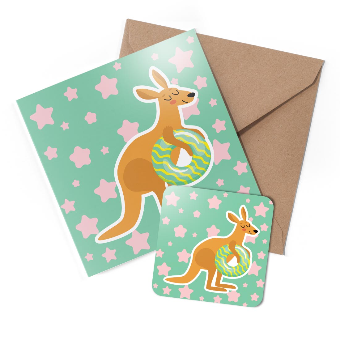 1 x Greeting Card & Coaster Set - Kangaroo Swimming Circle Cartoon #59810