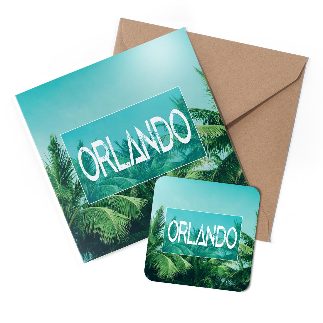 1 x Greeting Card & Coaster Set - Orlando Tropical Beach Summer #60081