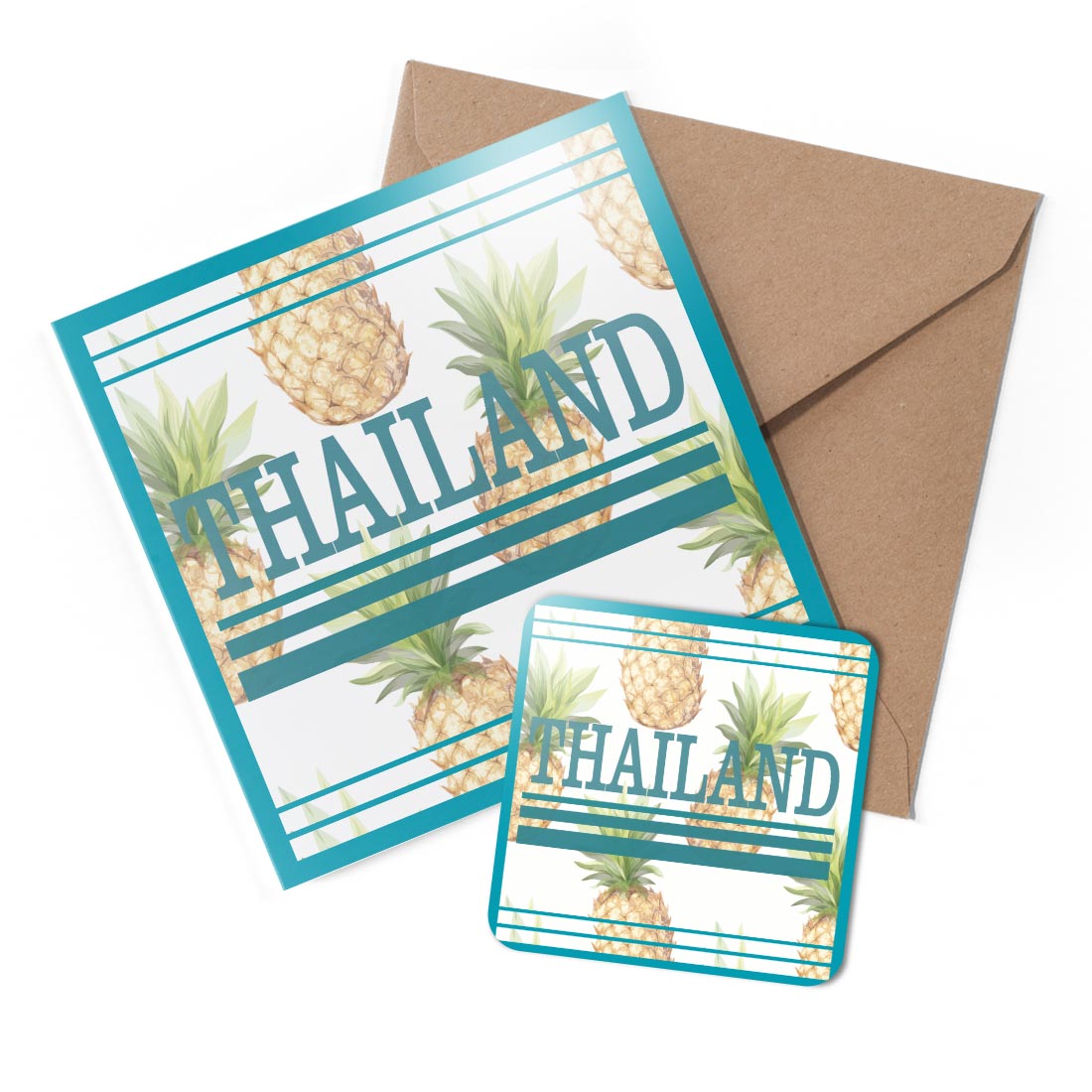 1 x Greeting Card & Coaster Set - Thailand Country Resort Pineapples #60151