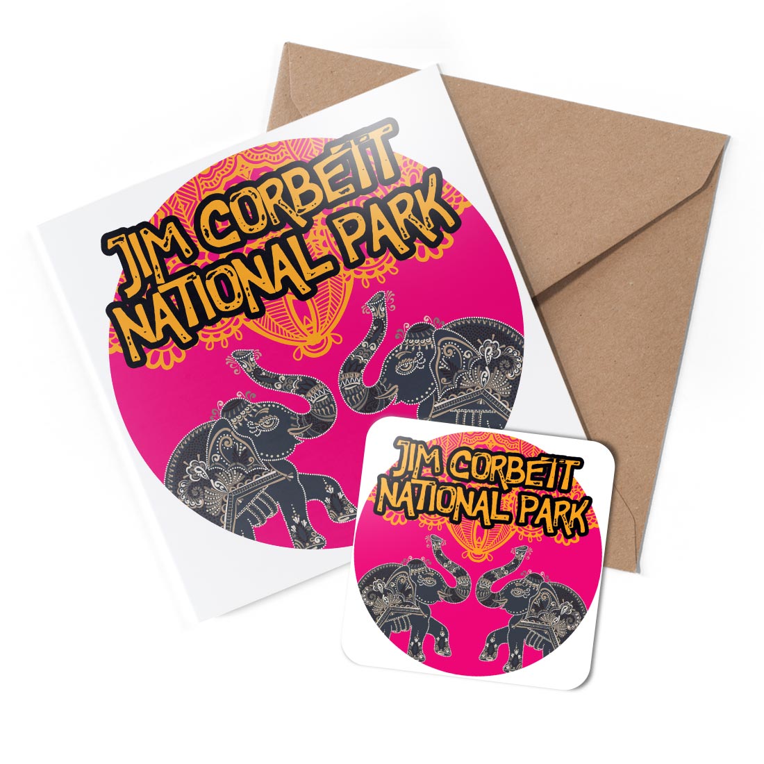 1 x Greeting Card & Coaster Set - Jim Corbett National Park Elephants #60226 AN10387