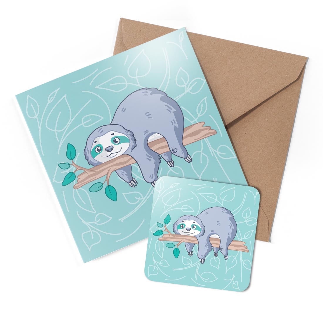 1 x Greeting Card & Coaster Set - Lazy Sloth Tree Branch Turquoise #60275