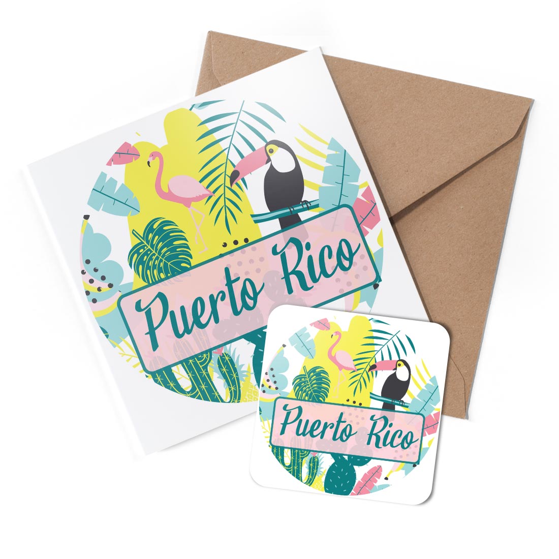 1 x Greeting Card & Coaster Set - Puerto Rico Toucan Flamingo #60451