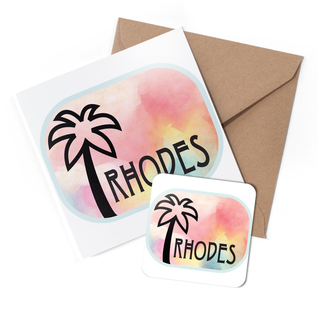 1 x Greeting Card & Coaster Set - Rhodes Watercolor Palm Tree #60454