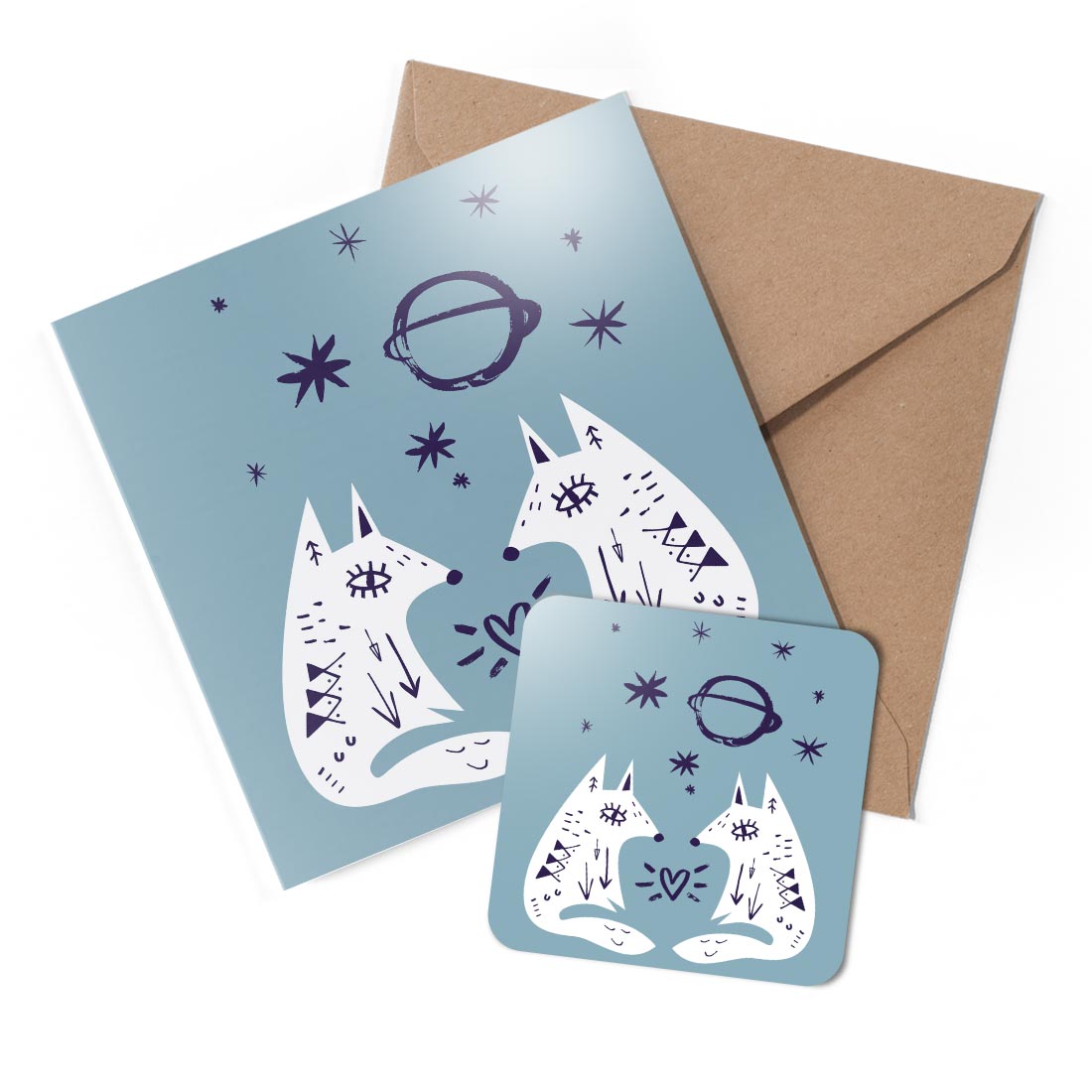 1 x Greeting Card & Coaster Set - Cute Arctic Foxes Heart #60518
