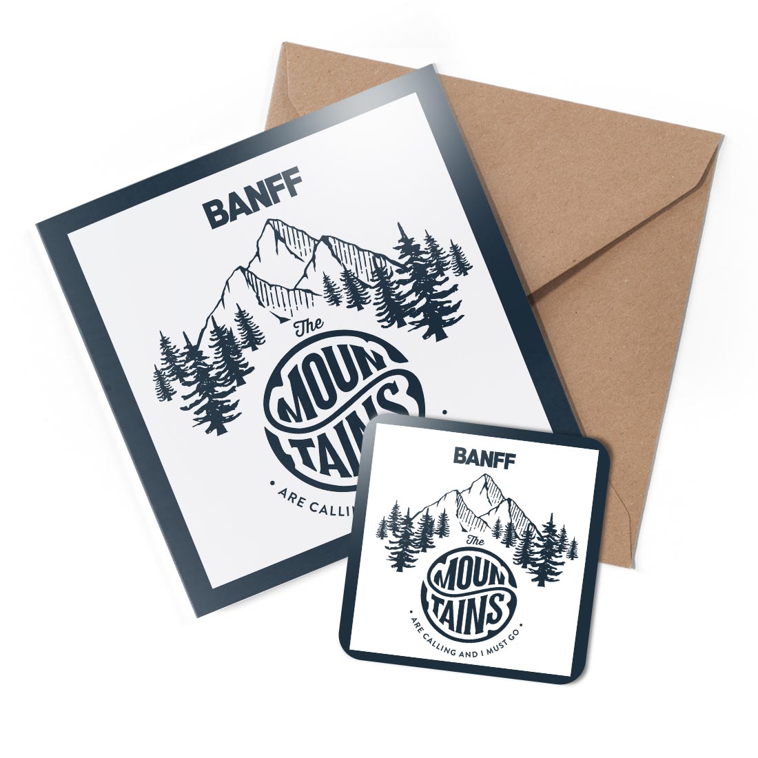 1 x Greeting Card & Coaster Set - Banff Mountains Emblem Camping #60690