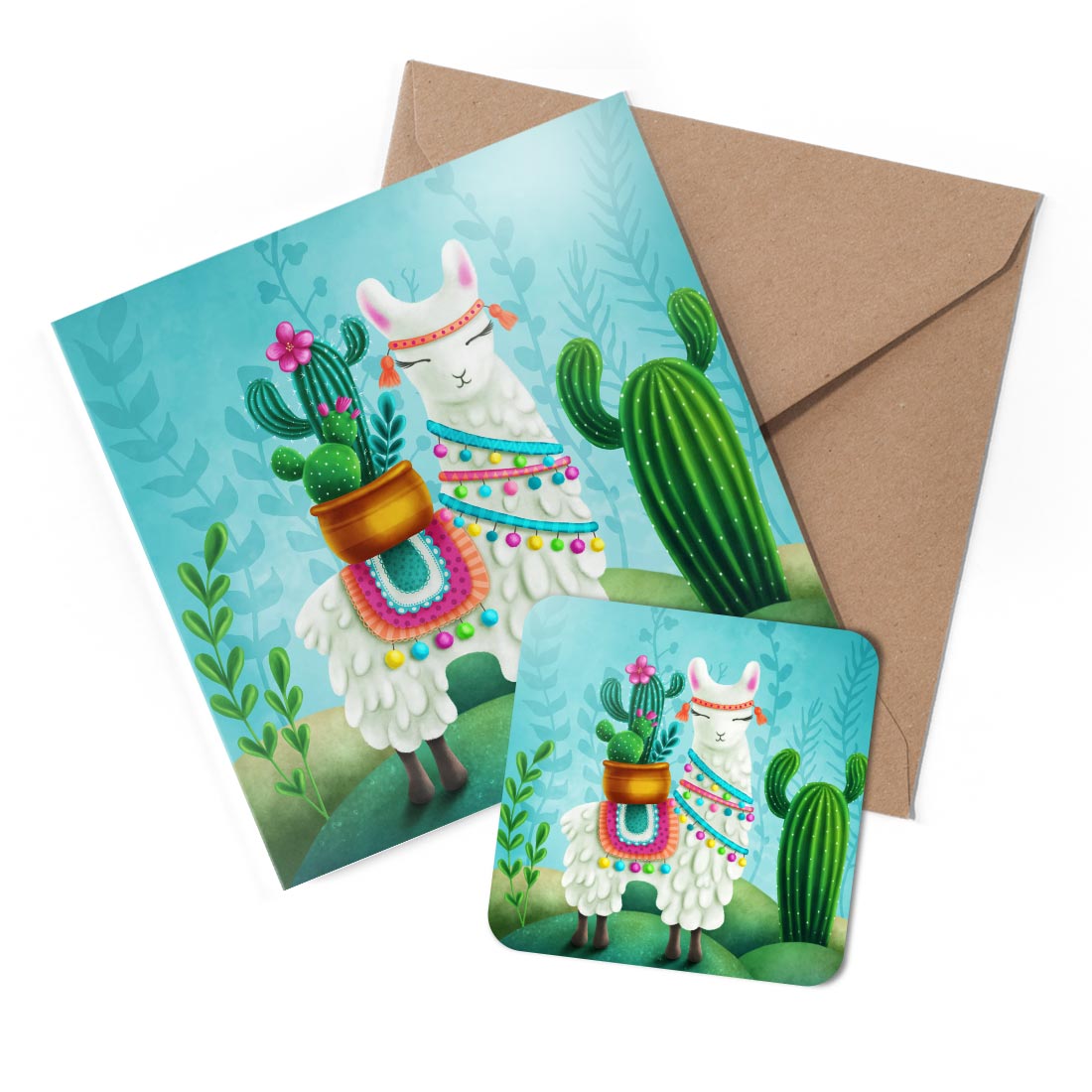 1 x Greeting Card & Coaster Set - Cute Fluffy Llama Cactus #60879