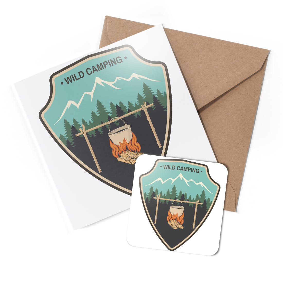 1 x Greeting Card & Coaster Set - Wild Camping Forest Chevron #60951