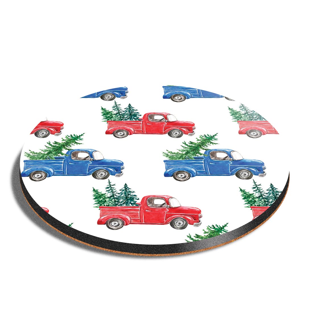 Round MDF Coaster Red & Blue Trucks Christmas Tree Van #170836 | eBay